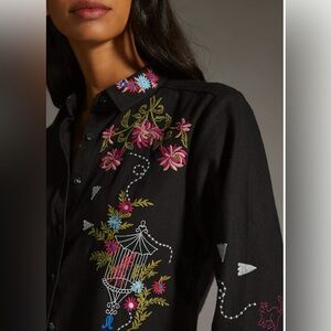 Anthropologie Pilcro Embroidered Black Boho Western Button Down Shirt